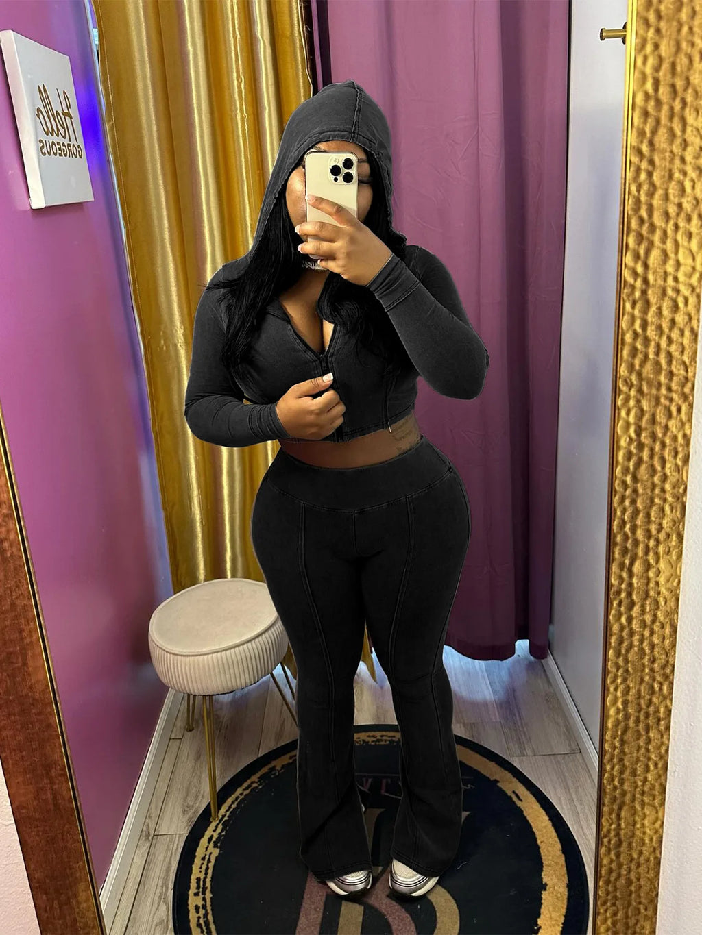 Ensemble 2 Pièces Femme – Veste À Capuche + Pantalon Évasé Taille Haute Sport