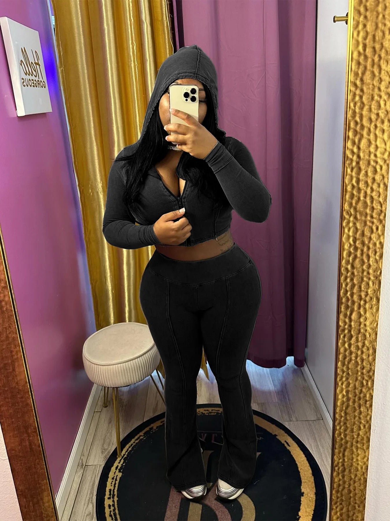 Ensemble 2 Pièces Femme – Veste À Capuche + Pantalon Évasé Taille Haute Sport