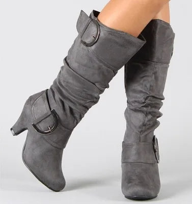 Bottes Cavalier Femme Velours Givré – Talon Aiguille Boucle Printemps Automne