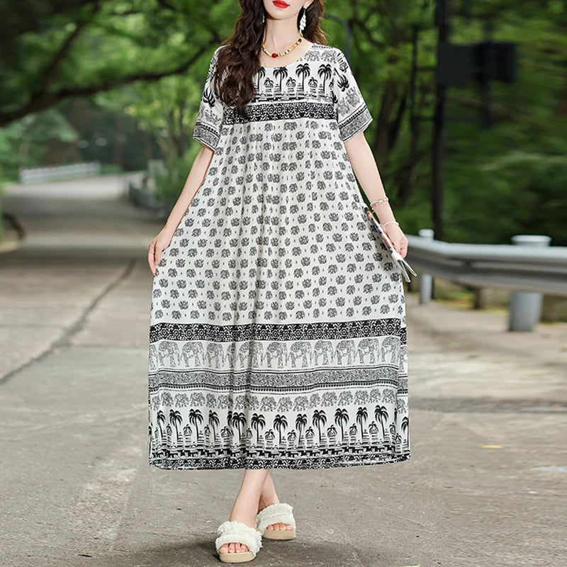 New Fashion Hot Summer Dresses For Women 2025 Casual Flower Print Floral Short Sleeve Dress Vintage Dress Loose Women Clothing