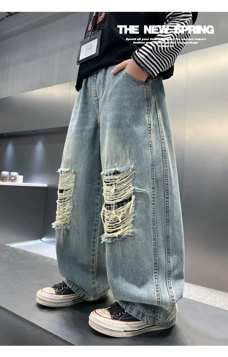 Distressed Designer Kids Desroyed Ripped Jeans Trousers with Holes On Knee for Boys Casual Broken Denim Pants 5 6 8 9 10 12 14 Y