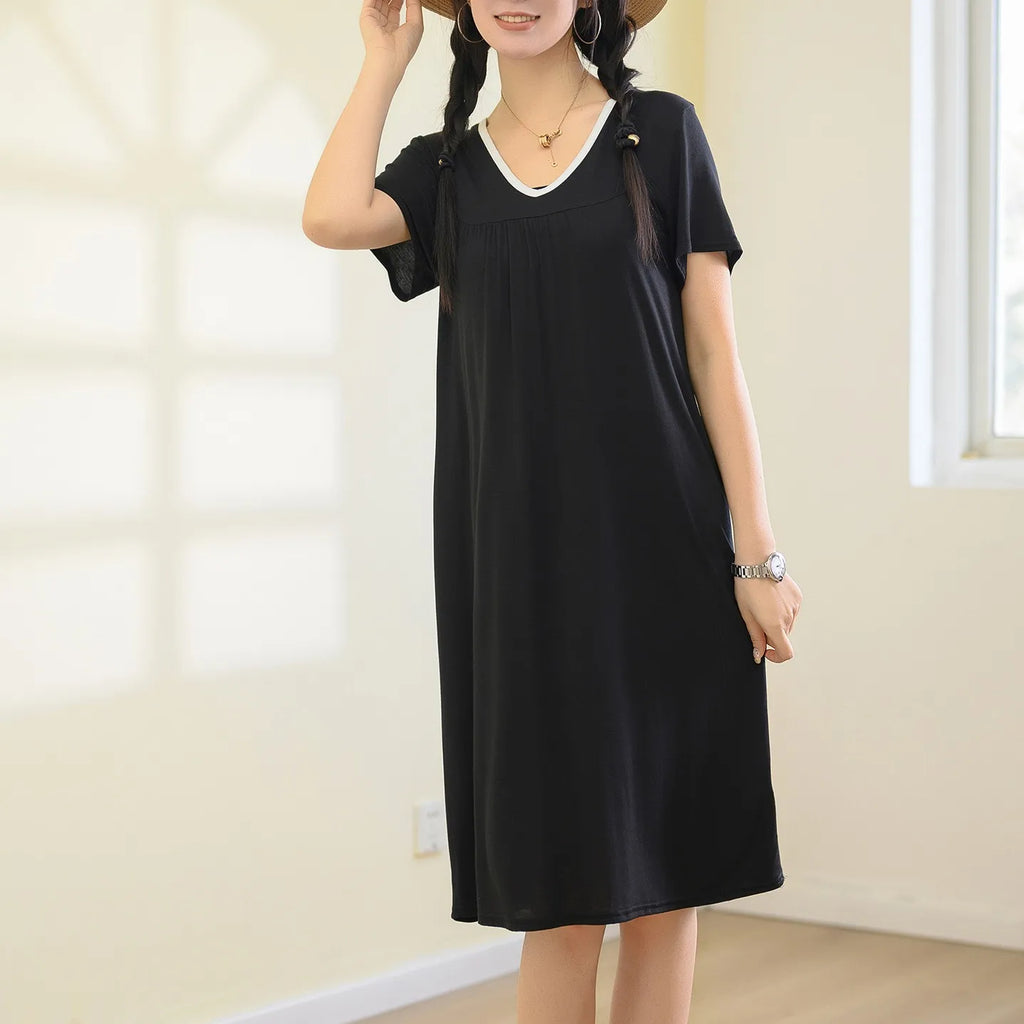 Plus size L to 6XL Modal V-Neck sleepdress summer women Loose homewear dress solid color casual long nightdress comfort homewear