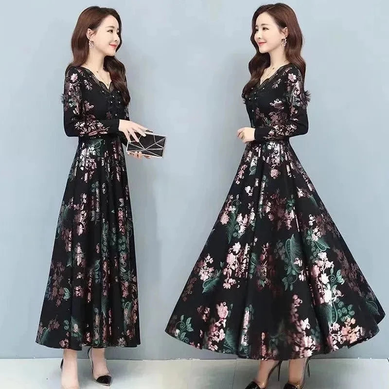 Spring Autumn New Women Dress Elegant Temperament Long A-Line Dress High End Fashion Lace Printed Beading Dresses Vestidos Mujer