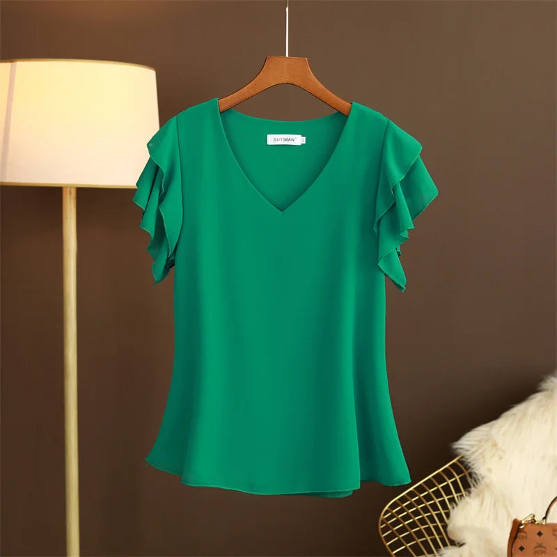 2026 Fashion Summer Dress Women Blouse Top New Short Sleeved V-neck Chiffon T-shirt Women's Loose and Versatile Small Shirt