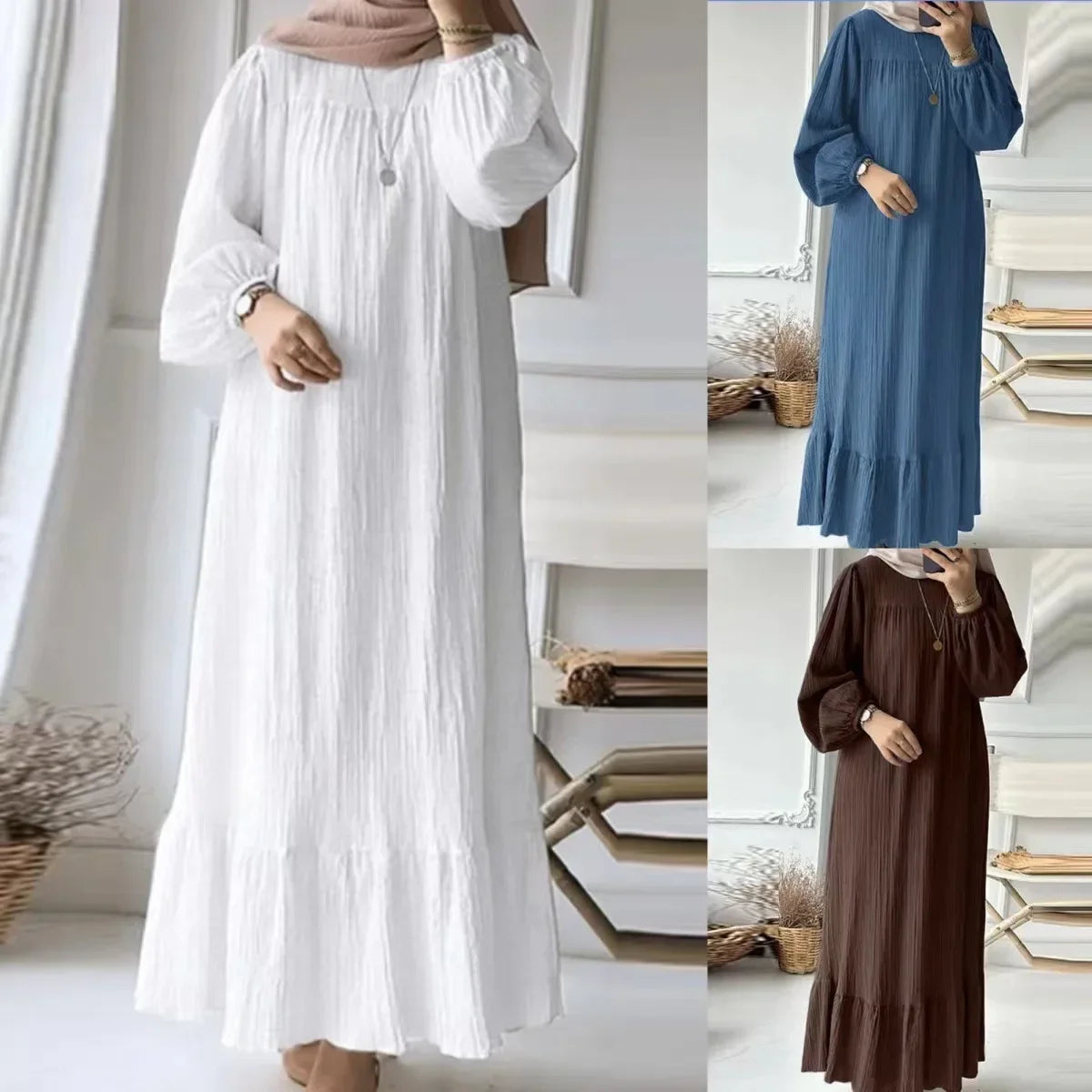Robe Women's Spring Autumn New Fashion Bubble Sleeves Retro Comfortable Casual Breathable Pocket Ruffle Hem Knee High Dress
