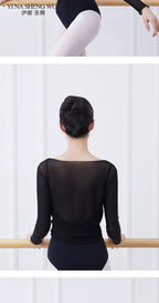 Ballet Adult Gymnastics Dance Top Long Sleeve Mesh Tops Women Transparent V Neck Drawstring Dancewear Practice Tops Costumes