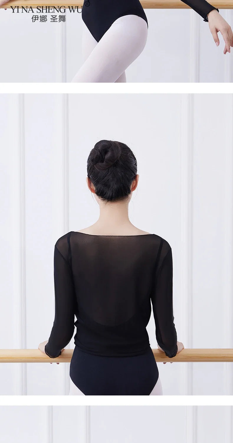 Ballet Adult Gymnastics Dance Top Long Sleeve Mesh Tops Women Transparent V Neck Drawstring Dancewear Practice Tops Costumes