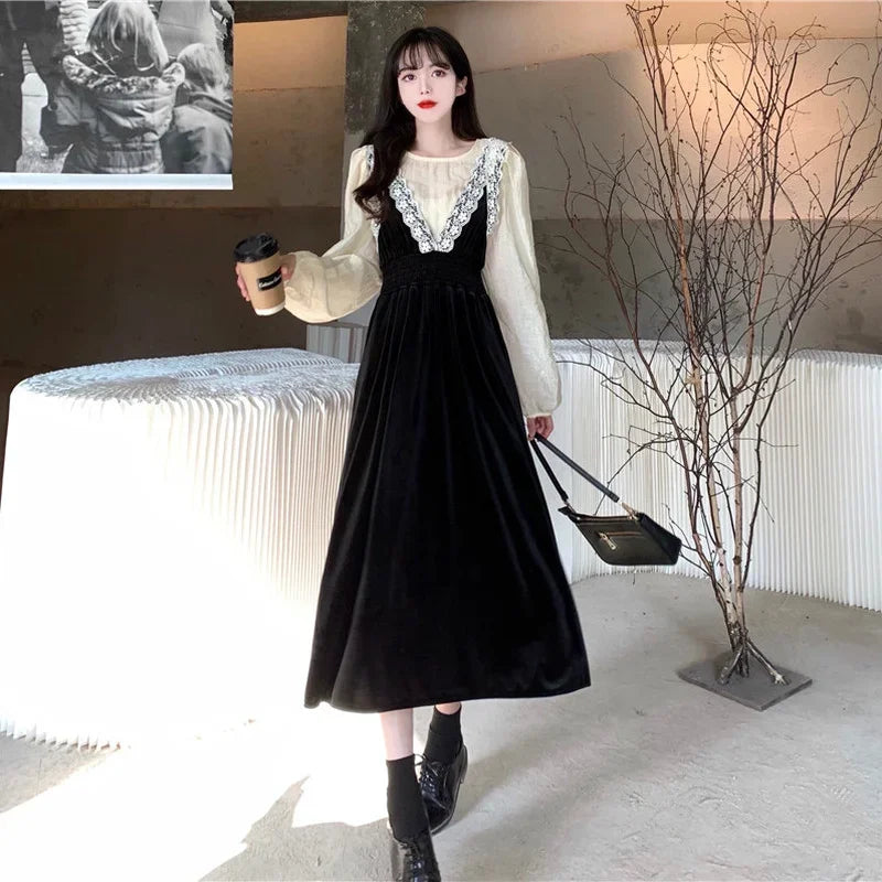 2025 French Vintage Velvet Dress Suits Women Fashion Elegant Two-piece Sets Spring Autumn V-neck Dress + Shirts Female