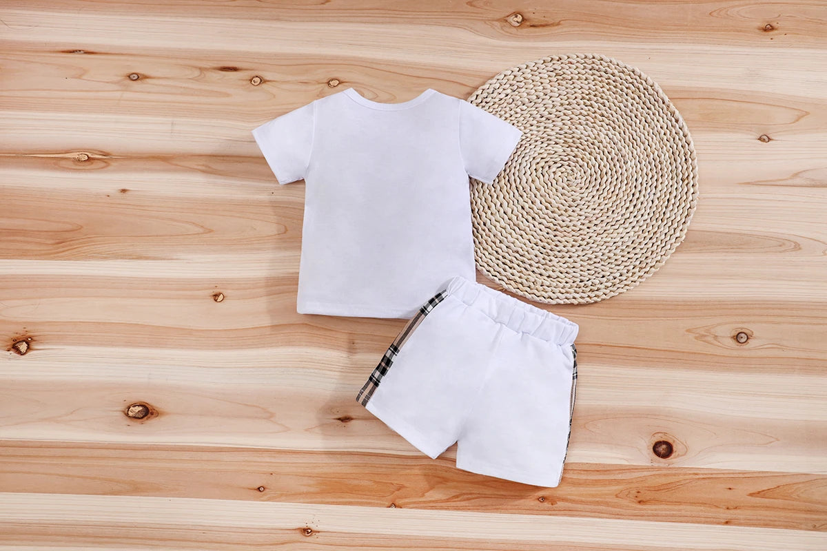 2pcs IURNXB Baby Clothes Set Infant Short Sleeve Tees+Shorts Cartoon Checked Bear Print Cute Kids Tops Pants Casual Suits 3-24M