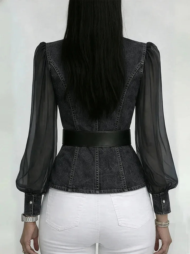2026 New Women's Denim Express Summer and Autumn New V-Neck Lace Long Sleeve Top