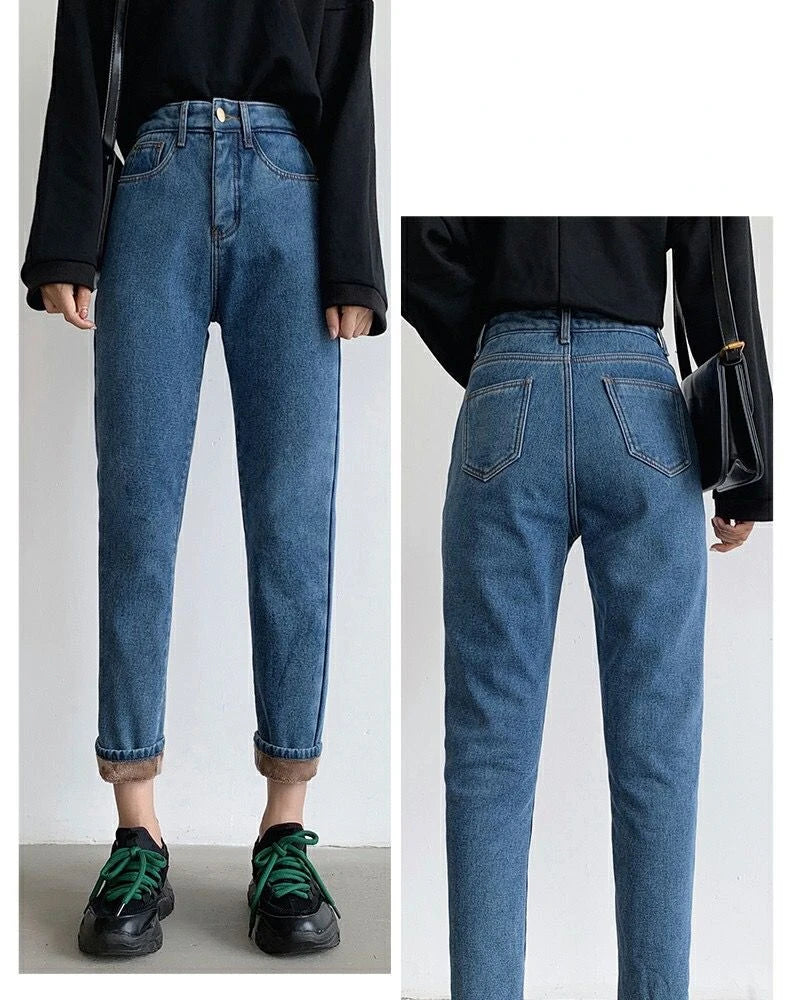 Velvet Thickened New Jeans Female Straight Pants Loose 2023 Winter Korean High-waisted Outside Wearing Warm Harun Pants