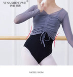 Ballet Adult Gymnastics Dance Top Long Sleeve Mesh Tops Women Transparent V Neck Drawstring Dancewear Practice Tops Costumes
