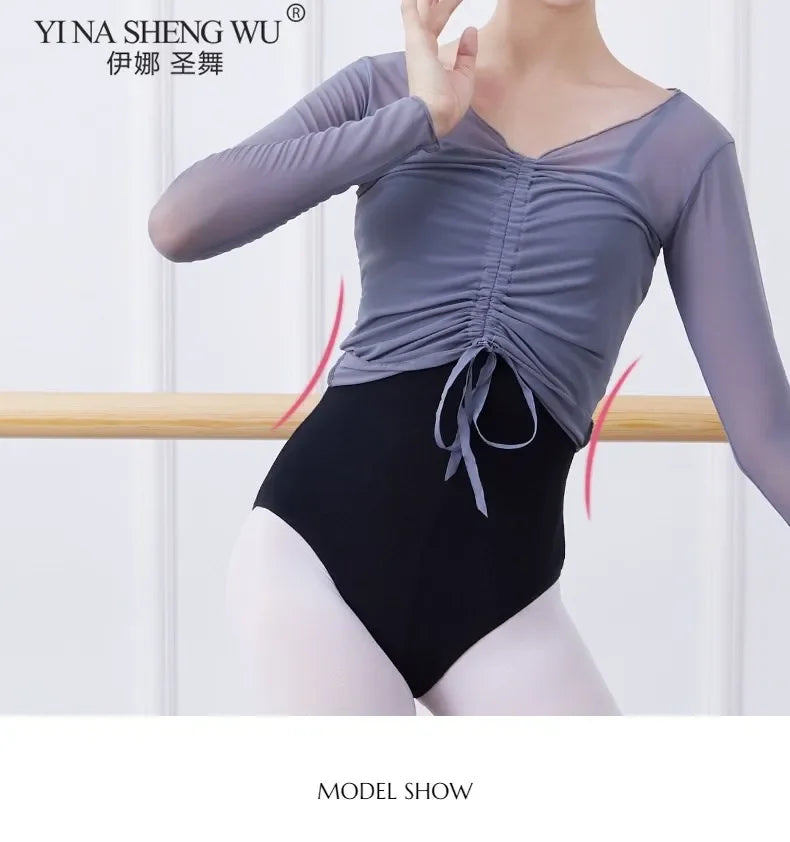 Ballet Adult Gymnastics Dance Top Long Sleeve Mesh Tops Women Transparent V Neck Drawstring Dancewear Practice Tops Costumes