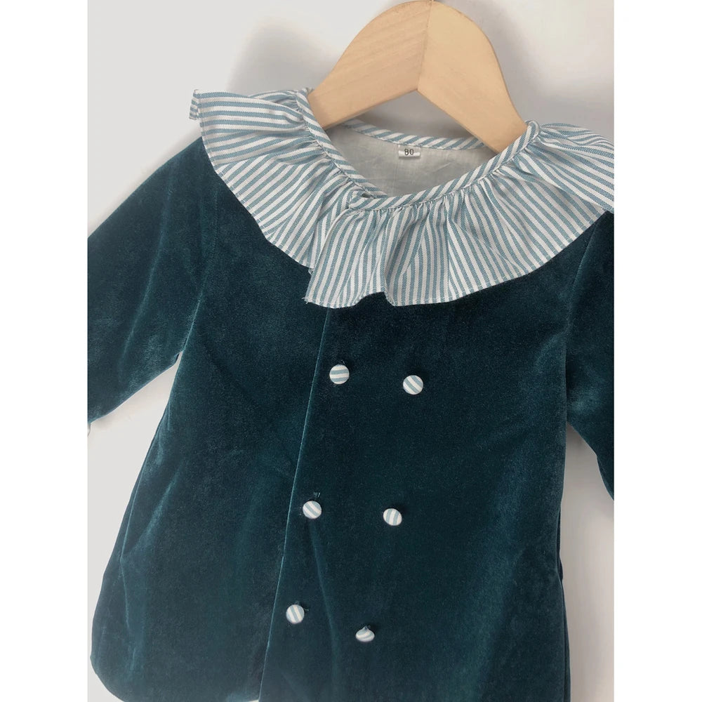Children's Boutique Clothing Toddler Boys Green Velvet Strap Shorts Suits Cotton Long Sleeve Shirts Siblings Baptism Eid Dresses