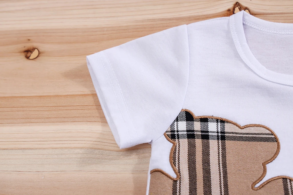 2pcs IURNXB Baby Clothes Set Infant Short Sleeve Tees+Shorts Cartoon Checked Bear Print Cute Kids Tops Pants Casual Suits 3-24M