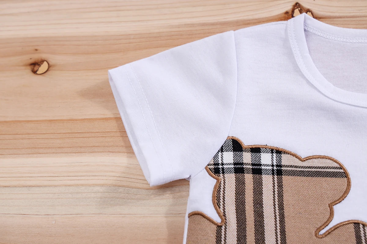 2pcs IURNXB Baby Clothes Set Infant Short Sleeve Tees+Shorts Cartoon Checked Bear Print Cute Kids Tops Pants Casual Suits 3-24M
