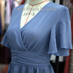 Women Ruffle Solid Pleated Long Dress Chic V Neck Short Sleeved