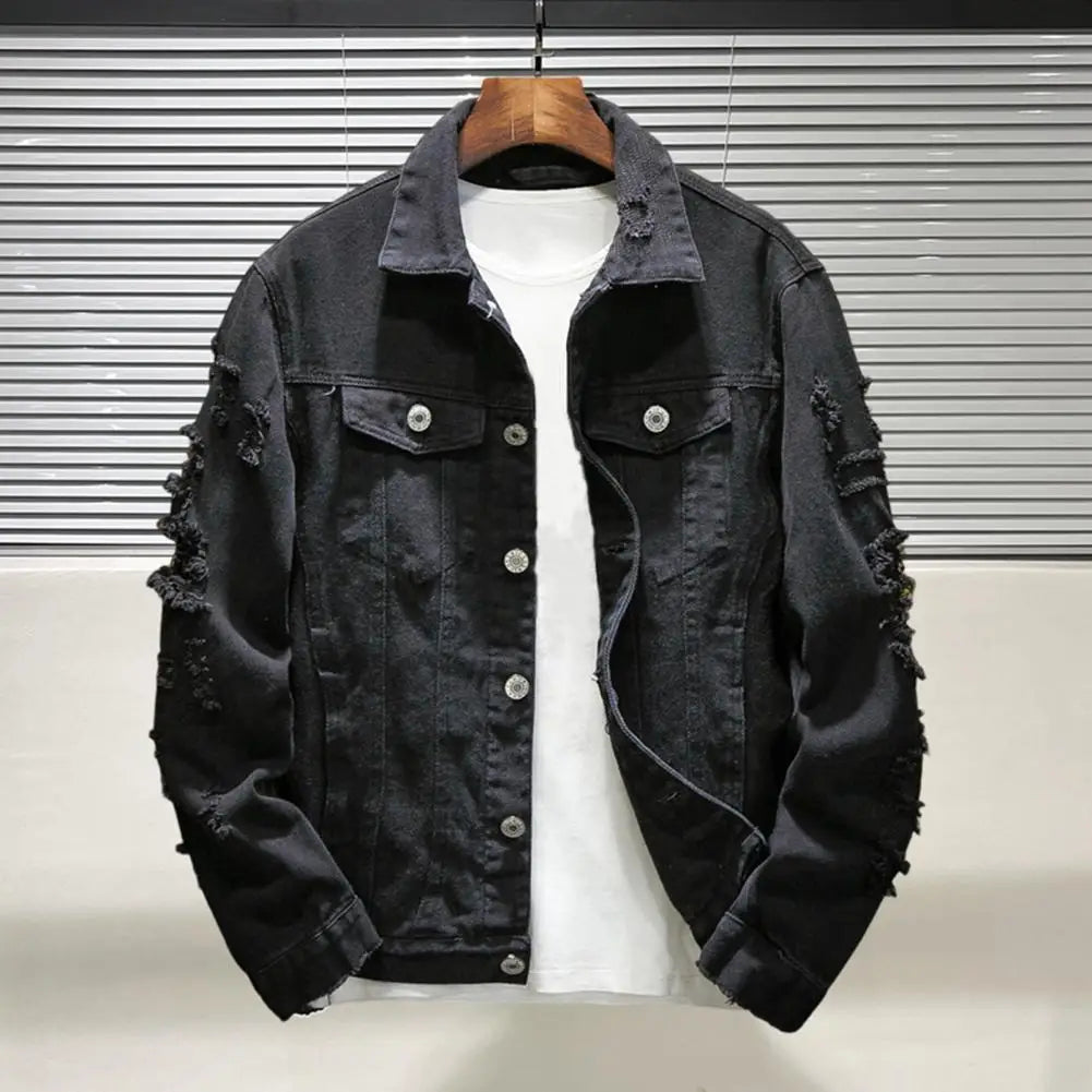 Veste Jean Homme Troue – Manteau Denim Ample Col Revers Streetwear Automne Hiver