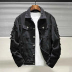 Veste Jean Homme Troue – Manteau Denim Ample Col Revers Streetwear Automne Hiver