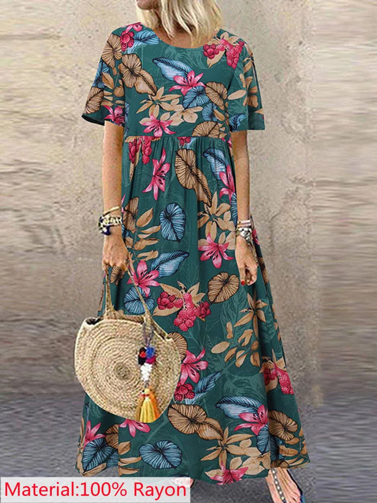 2025 ZANZEA Bohemian Holiday Sundress Summer Women Vintage Floral Printed Short Sleeve Beach Dress Loose Long Vestido Robe Femme