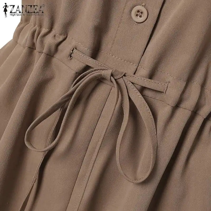 Summer Fashion Short Sleeve Dress ZANZEA Women Casual Drawstring Waist Vestidos Knee-length Robe Femme Elegant OL Work Sundress