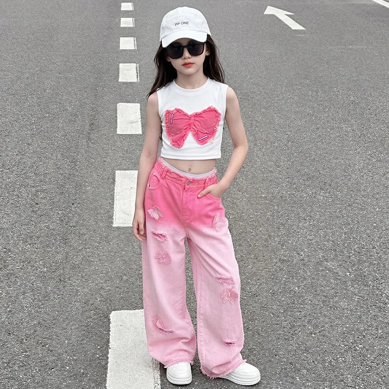 Teenage Girls Clothing Sets Hot Deals Bow Crop Top+Hole Wide Leg Jeans with Butterfly 2Pcs Fashion Gradient Child Clothes Suits