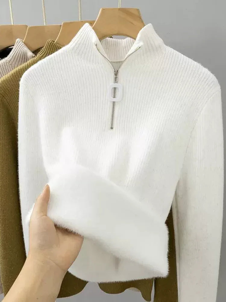 V-Neck Plus Velvet Thicken Knitted Pullover Sweater Woman Casaul Korean Fashion Knitwear Tops Jumpers Plush Lined Warm Sueter