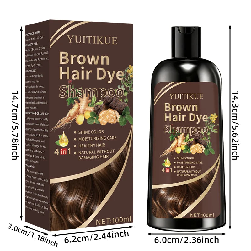 YUITIKUE Brown Hair Dye Shampoo | 4-in-1 Color, Moisturize, Nourish, Natural Ginger Formula 100ml
