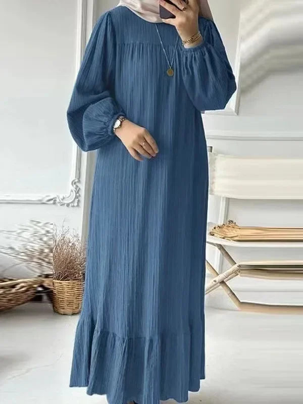 Robe Women's Spring Autumn New Fashion Bubble Sleeves Retro Comfortable Casual Breathable Pocket Ruffle Hem Knee High Dress