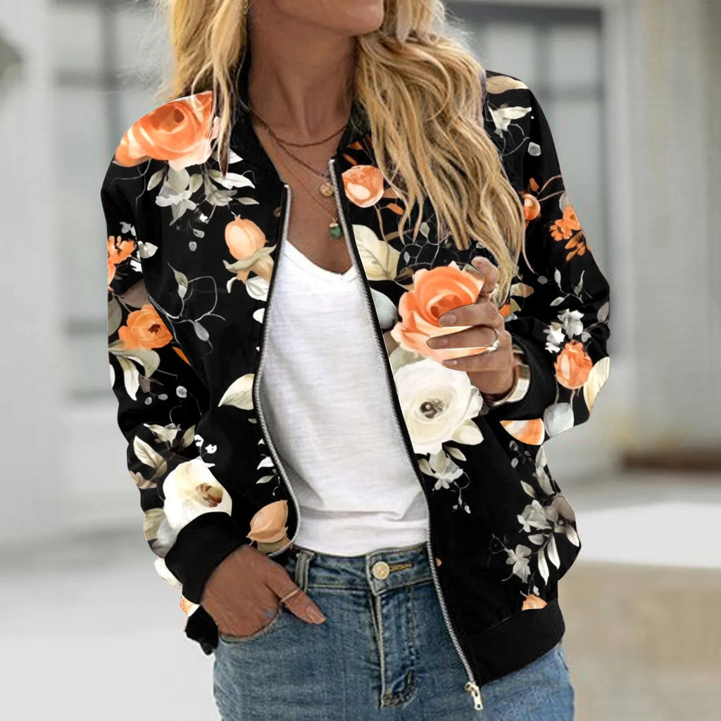 Veste Bomber Femme Imprimé Floral – Courte Zipée Casual Automne Hiver