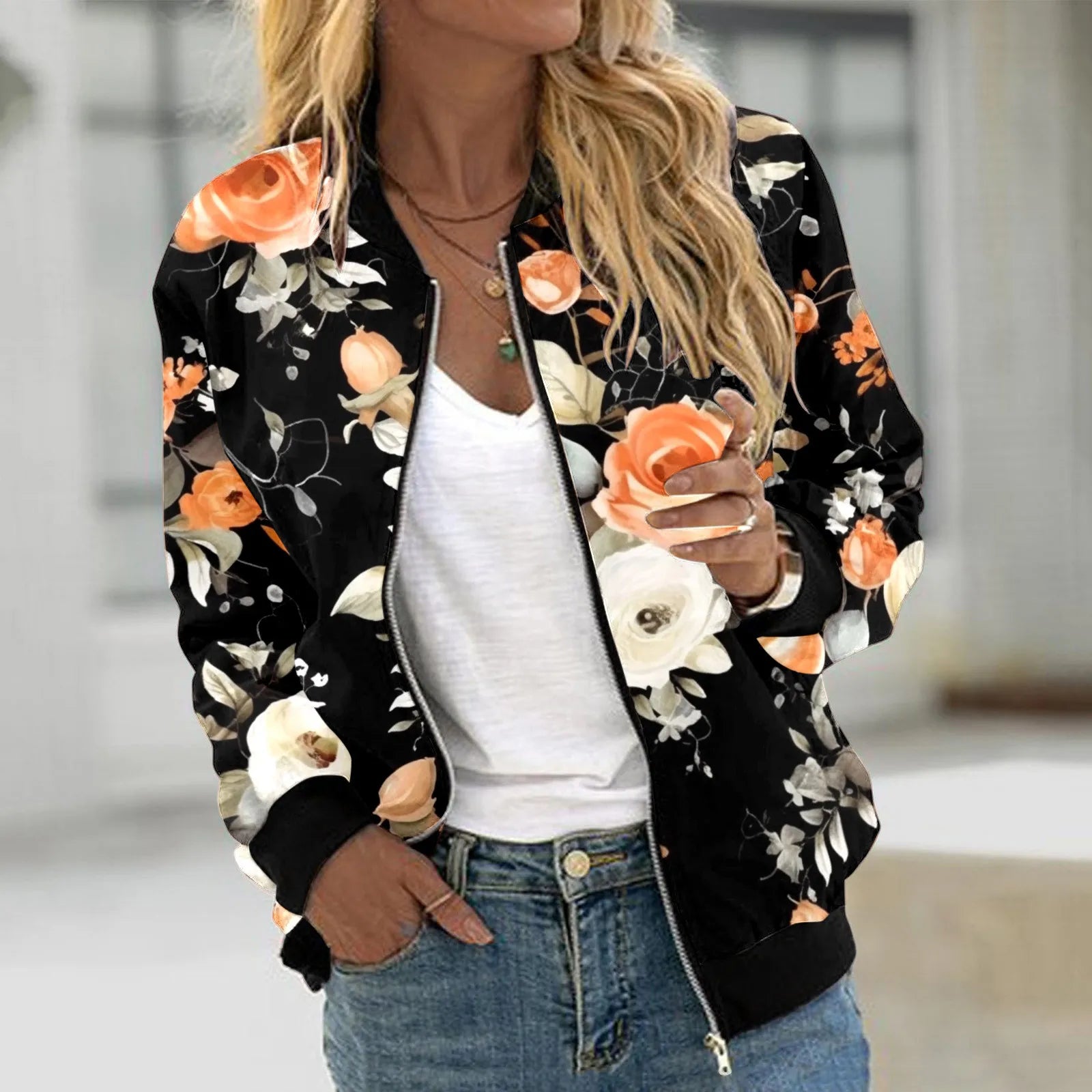 Veste Bomber Femme Imprimé Floral – Courte Zipée Casual Automne Hiver