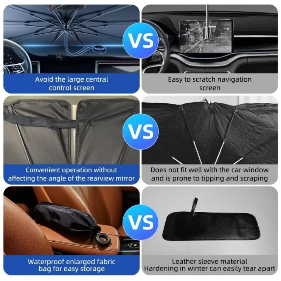 Windshield Sun Shade with 360° Pull Cord Anti-Scratch Handle - Upgraded Sunshade for Car Windshield with Double-Layer Fabric