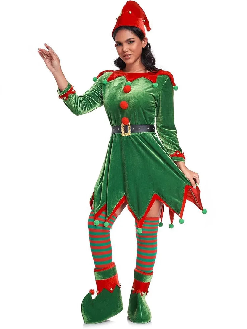 Women's Christmas elf costume set, adult velvet dress costume, Santa Claus helper, Christmas holiday