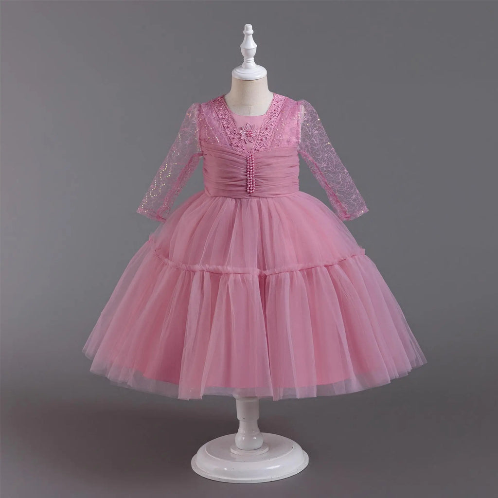Retro Lace Kids' Dresses Beadding Draped Tulle Party Dress for Girls White Long Sleeeve Children Performance Costumes 3-10 Years