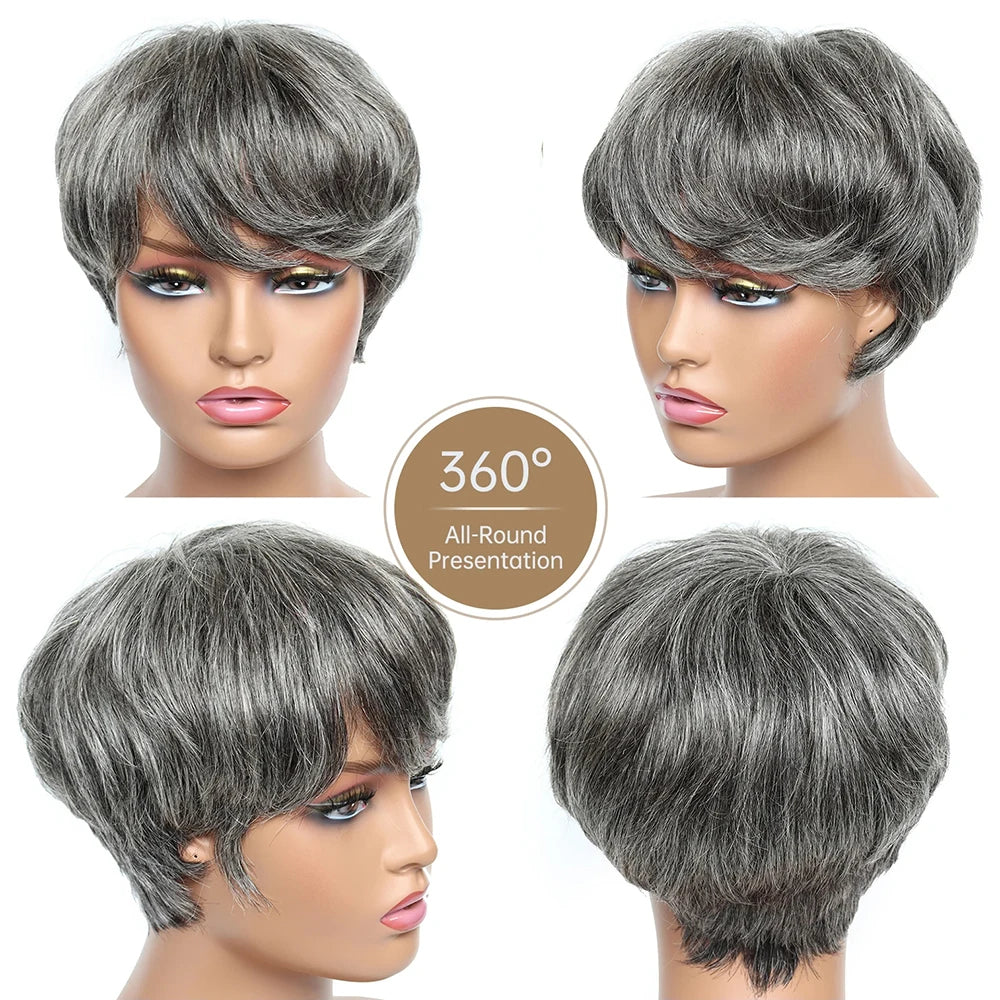 Cheap Short Human Hair Wigs with Bangs 6inch Short Pixie Cut Straight Wig 100% Human Hair for Women Machine Made