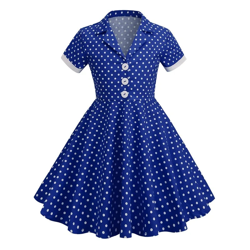 Vintage Dot Dress for Kids Girl Cosplay Party Princess Summer Prom Dress School Performance Clothing Full Pringting Children Dre