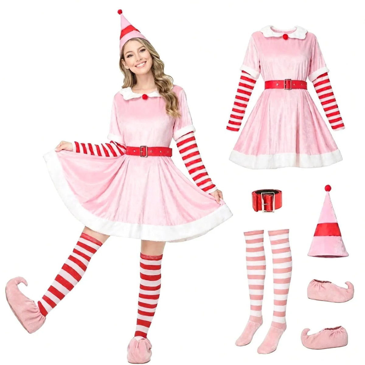 Women Christmas Elf Costume Velvet Elf Dress with Hat Belt Striped Sleeves Socks Elf Xmas Holiday Dress Outfit for Christmas