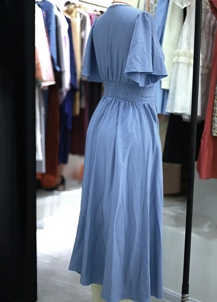 Women Ruffle Solid Pleated Long Dress Chic V Neck Short Sleeved  Black Blue Lace Up Robes Summer Lady High Street Wear Holiday