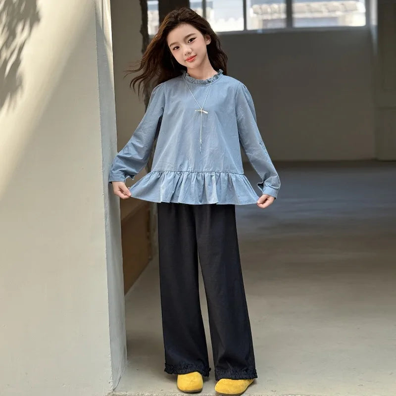 Back To School Clothing for Girls Outfits Set Toddler Kids Vest +Blue Shirt + Pants 3pcs Teens Kids Costumes Spring Autumn 2025