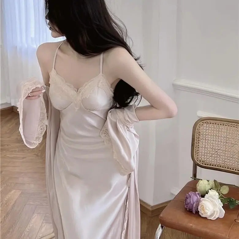 Princess Style Robe Set 2Pcs Vestidos De Novia Nightgown Sexy Lace Patchwork Nightdress Chemise Sleepwear Long Home Dress
