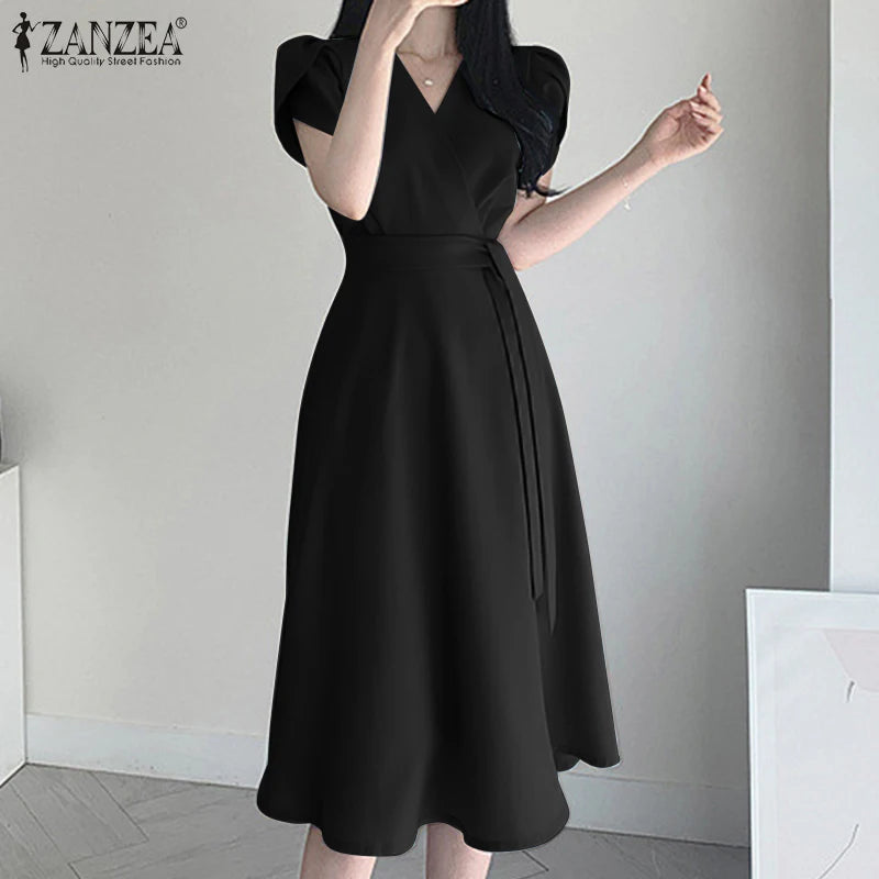 Women Fashion OL Work Sundress ZANZEA Elegant Summer Short Sleeve Dress Casual Solid A Line Vestido Kaftan Sarafans Robe Femme
