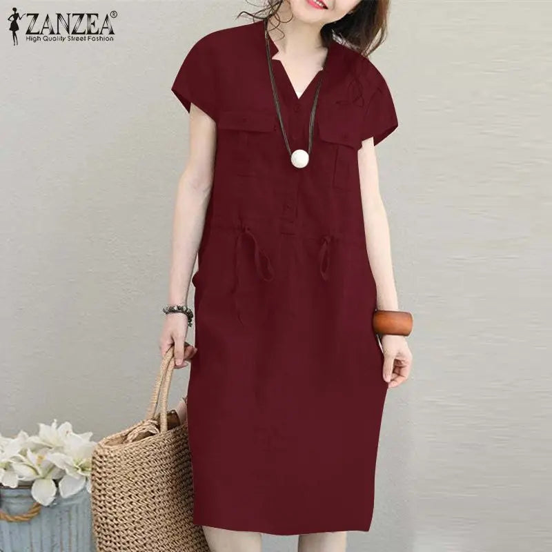 Summer Fashion Short Sleeve Dress ZANZEA Women Casual Drawstring Waist Vestidos Knee-length Robe Femme Elegant OL Work Sundress