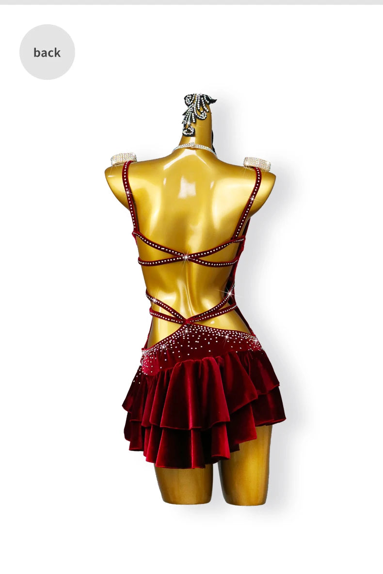 New Velvet Latin Dance Party Dress Sexy Adult Womens Short Skirt Ballroom Costume Cha-Cha Line Suit Girls Sport Party Customized