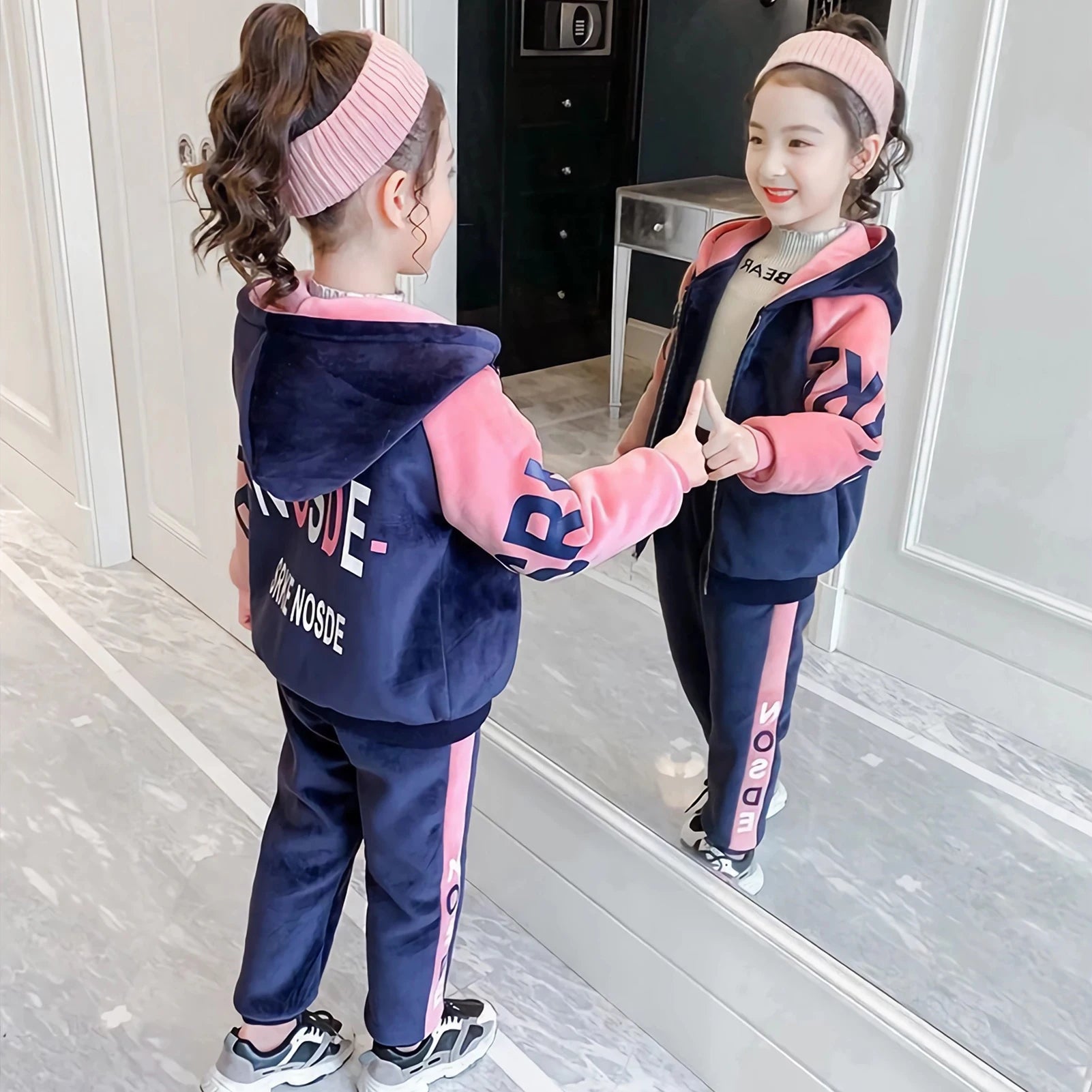 Kids Velvet Tracksuits,Cotton Jogging Suits,2-Piece Hooded Long Sleeve Sweatshirt + Pants Set,Girls Jacket,Casual Sports Wear