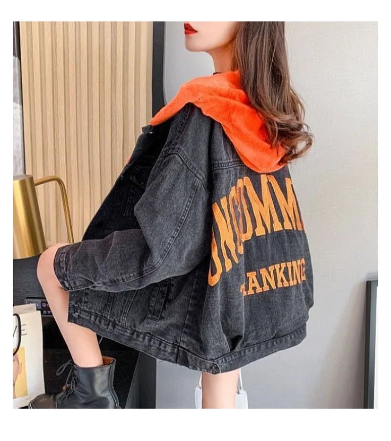 Plus Velvet Thickening 2022 Winter Denim Jacket Women's Hooded Embroidery Loose Warm Cotton Clothes Cotton Clothes Ins Tide W228