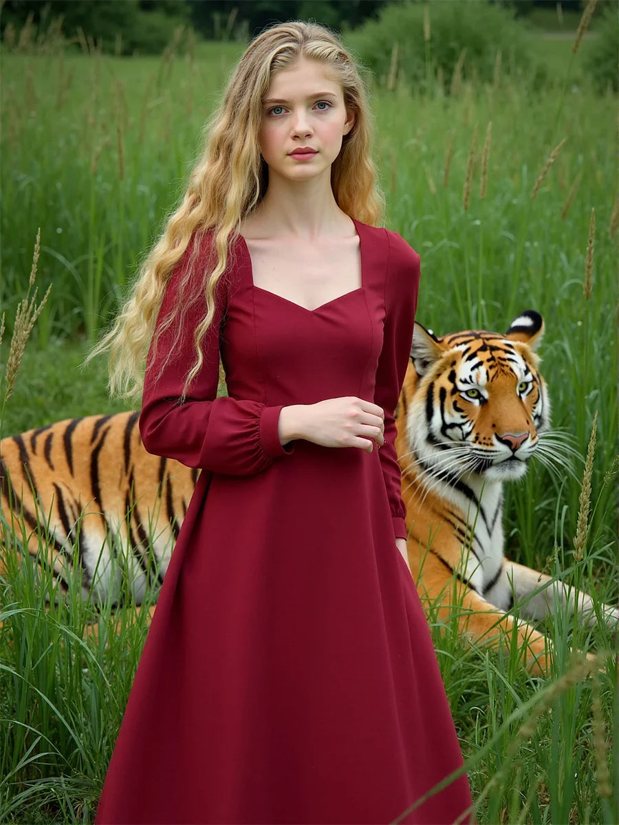 Women'S Dress Autumn Woman Long Sleeve Square Collar Elegant Beautiful Feminine Pretty Sweet Lovely Cute Fancy Exquisite Simple