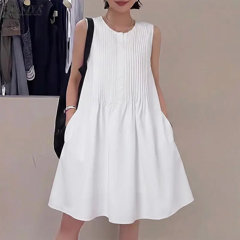 Women Bohemian Dresses Short Robe Solid Color Casual Loose Mini Vestidos 2026 ZANZEA Sleeveless Tank Summer Party Sundress