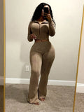 Ensemble 2 Pièces Femme – Veste À Capuche + Pantalon Évasé Taille Haute Sport