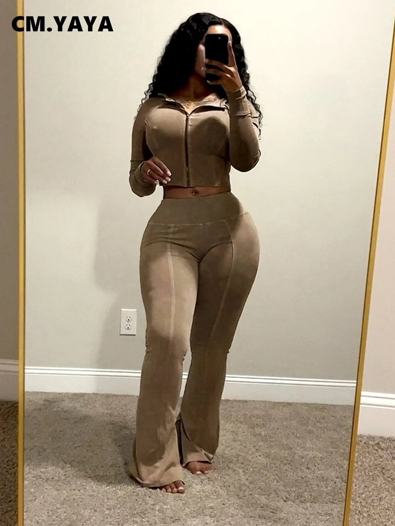 Ensemble 2 Pièces Femme – Veste À Capuche + Pantalon Évasé Taille Haute Sport