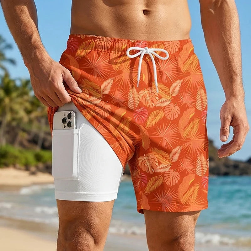 3D Print 2 in 1 Mens Swim Trunks Summer Quick Dry Beach Shorts with Phone Pocket Swimwear Swimsuit Bathing Suit  Board Shorts